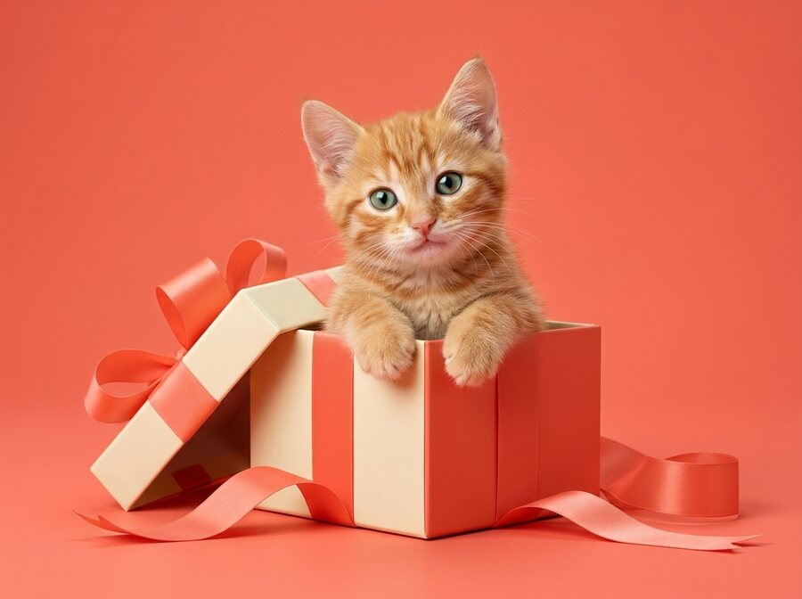 Un chaton roux qui sort d'une boîte cadeau